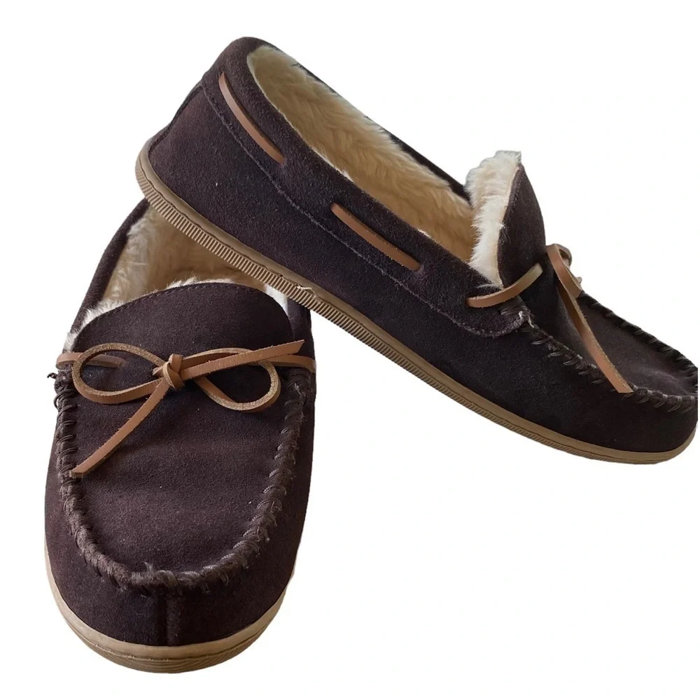J CREW Suede Moccasin Slippers, Sherpa Fleece, Expresso Brown, Men's Siz…